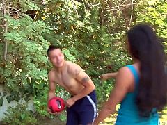Busty cougar is craving for hard flesh in her mouth. She seduces handsome young man for sex. So she kneels down giving deepthroat blowjob right on a loan on a back yard.