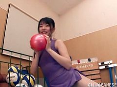 Sporty Japanese chick Tsubomi is having some good time in a gym. She takes some exercises and then shows her ass for the camera and stimulates her pussy with a dildo.