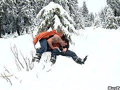 Skiing is something special for this gay couple. They find this off track place quite safe to unzip pants and stick each other's cocks in holes.