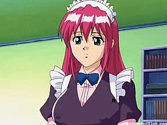 Get a load of this anime babe's big tits before she has her maid's outfit taken off before sucking a big large cock.