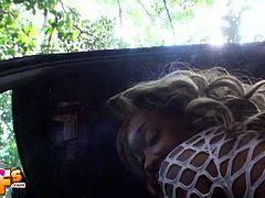Ally is a slim black girl. She and her white boyfriend stop the car in the forest for a quick fuck. She blows his cock and then she rides it while he films her.