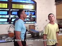 A handsome Latin dude repairs something in a kitchen. After some time an owner of a house gives a blowjob to the plumber. Then he lies down on a kitchen table and gets ass fucked.