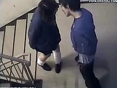 Amateur japanese couple is caught on a security camera in the stairs of a building. She gets on her knees, gives head and then bends over and they fuck doggy style
