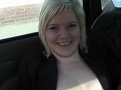 Teen in black stockings begins to play with her twat while on the road