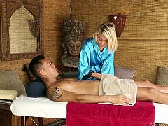 This blonde masseuse is so skilled at using her mouth and hands to pleasure her clients. She starts off by rubbing him down, and then the towel comes off so she can work his member. Watch as she uses her hands and mouth in unison to get him hard. She even sits on his face!