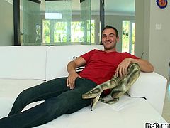 A Latin guy jerks off lying on a sofa. Then he gives a handjob and a blowjob to Izzy. After that Izzy starts to push his huge black dick in Santiago's asshole.
