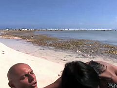 Lusty black haired hottie with big sexy tits presented nice deep throat to her stud right on beach. Then she jumped on his staff bonker and set to bounce on it face to face. Just watch that lusty chick in Pinko HD sex clip!