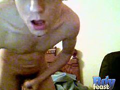 Trace strips off his jockstrap and jerks off on webcam for everyone to see! He knows how to make himself feeling comfortable and shoots a big creamy load.