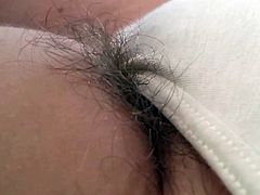 checking out my wifes tired hairy pussy hainging from pantys