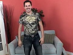 A brunette dude strips his clothes off and sits down on a sofa. He takes a dick in his hands and starts to stroke it in close-up scenes.