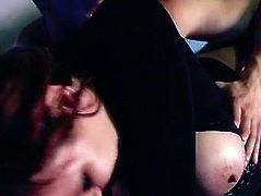 Perverted and whorable red head moans loud as her cocky boyfriend brutally fucks her from behind. Then babe sits on a table and her BF bangs her till she cums.