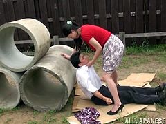 Masturbate watching this Asian brunette, with giant bazookas wearing a skirt, while she forces a guy to lick her pussy and fuck her.