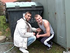 Get a hard dick watching this blonde boy, with a nice ass and a cute look on his eyes, while he gets blasted hard outdoors by an aroused dude.