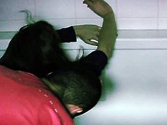 Brunette French girl gets laid with her boy at the bathroom. Honey pulls her hands half way down and gets her cooch fucked doggystyle.