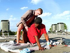 Be part of this reality video where a ebony guy, with a nice ass wearing a red t-shirt, gets fucked hard in different positions outdoors.