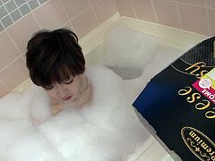 That short haired filthy wench took bath. Her guy came in and showed her a box with fresh pie. She set to suck his a bit smelly dick in order taste a piece of that sweet pie. Have a look at that dirty bitch in Jav HD sex video!