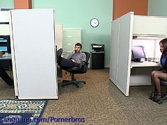 These three guys can't resist the sexyness of their colleague anymore, so they abuse her by fucking all her holes in the office.