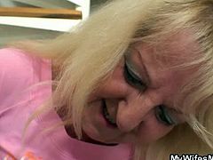 This horny blonde granny is always ready to have some fun with younger dudes. Just see her riding on his young cock with her big natural tits flaunting all around.