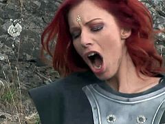 Check this redhead babe, with natural boobs wearing a knight armoury, while she gets fucked hard outdoors after battling for wild sex.