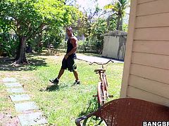 sexy blonde Bridgette B is with her huge boobs out sucking hard dick and rubbing her meaty pussy at the same time in the backyard. Then she takes that rod up her dripping wet hole. She bounces up and down on cock in the shadow.