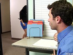 Gorgeous brunette office girl Diamond Kitty is getting naughty with James Deen at her work place. She gives a blowjob and a titjob to James and they have sex in the standing position and doggy style.