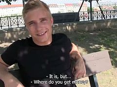 This handsome blonde guy is obviously disturbed when he is asked to suck cock and maybe take it in his ass hole. He wants the money badly, so he really tries.