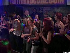Horny babes is a discos try to pull the clothes off of a hot black stripper Watch as they start to blow his cock before taking it deep into their horny mouths.