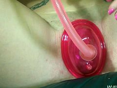 Brazen skinny lady with black hair Sky Light pets her clit with vibrator while dude fucks her missionary style. Young bitch pumps up her shaved kitty with vaginal pump and rides her mate's face later.