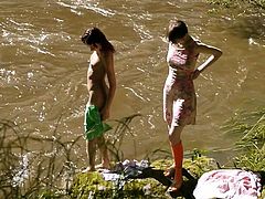 The teen lesbians are slowly undressing but ended up licking each other's pussies instead of swimming. Watch their intense amateur and outdoor sex!
