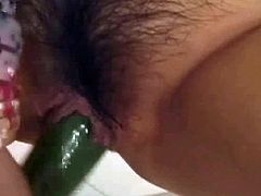 Asian chick didn't receive gifts from her bf as a present. She personally asked for a high quality dildo but ignored her. Being a horny as she is, she likes to use vegetables especially cucumbers when she got horny. Very resourceful!