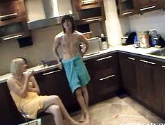 Guy and beauty standing in towels