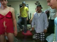 This group of frat house pledges is forced to dress up with some sexy girly lingerie and they end up sucking their big hard cocks.