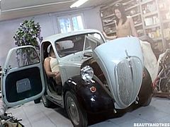 Slutty brunette is at the car service station. Kinky slender and pale chick is all naked. Ardent nympho with sweet tits has won the old strong dick of ugly fat mechanic. This old bastard gets totally absorbed with fucking her pussy missionary and then from behind right on the car hood.
