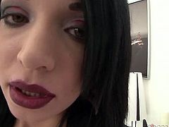 Mind blowing hungry bitch in sexy crotchless panties posed on knees and got to slide her ugly split tongue over hot blooded penis of her freak. Look at that hard BJ in Fame Digital porn video!