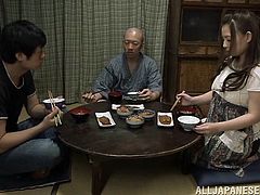 Take a look at this great scene where the busty Japanese babe Ruka Kanae is eaten out by this old man before he masturbates her until she blows his big cock.