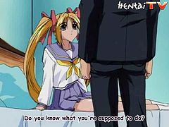 Horny anime blonde, wearing a miniskirt and panties, kneels in front of a dude and begins to suck his schlong. She works on the boner devotedly and seems to enjoy it a lot.
