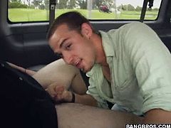 A dude gives a blowjob to another man in a car. After that he takes off clothes and gets banged in the ass.