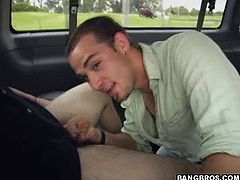 A gay blows a cock and gets his ass drilled right in a bus