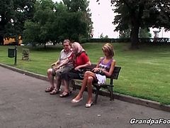 Grandpa Foooki brings you a hell of a free porn video where you can see how this brunette teen gets seduced by a horny old dude while assuming very naughty poses.