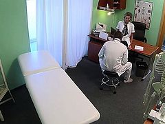 Busty blonde nurse fucking her doctor in an office