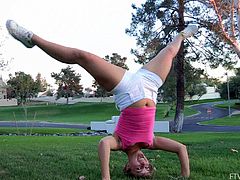 Take a nice look at this sweet teen, with a nice ass wearing shorts, while she back-bends and shows how flexible she is in a solo model video.