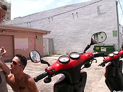 Tyler Ford and Travis Cooper have some pretty twisted minds. These two excited dudes undress, park their motorcycle, and bang outdoors without worrying if someone is going to see them.
