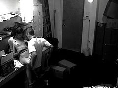 A slutty brunette and her BF are getting naughty indoors. They pet each other and fuck in the missionary position. They haven't got an idea that there is a security cam in this room.