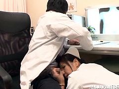Hot Japanese tart Azusa Ishihara, wearing a nurse uniform, is having fun with a guy in a hospital. She pleases the dude with a blowjob and gets fucked from behind and in the missionary position.