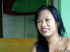 Jo Ann is an Asian newbie. She begins with an interview and then she plays with cock. This is just a teaser of her pussy-screwing session with a white dude.