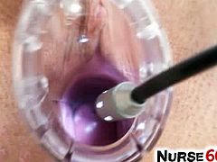 Roxy Taggart is playing the naughty nurse in this hot video of herself. She inserts a speculum inside her cunt hole and uses a flashlight to show her insides better.