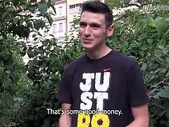 This cute boy is looking for a job in Prague. He clearly needs money and he gets some by showing his cock and by sucking the camera guy's cock. That's a good start for him.