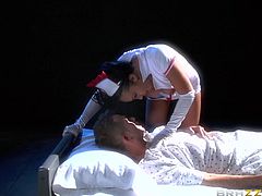 Patient doesn't know if its a dream or if it is real. Horny nurse trying new treatment methods on him. Sensual brunette, nice tits with pierced nipple also oiled, who knows better cure? A masturbation session from her is just what the doctor ordered.