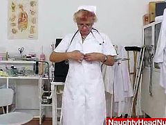 Old practical nurse gets kinky on gyno chair where she opens her legs and spreads her woolly piss hole with gyno specula tool