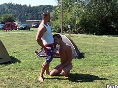 Intelligent gay shows off his masculine body before getting hammered hardcore behind a camping van till he get a facial cumshot